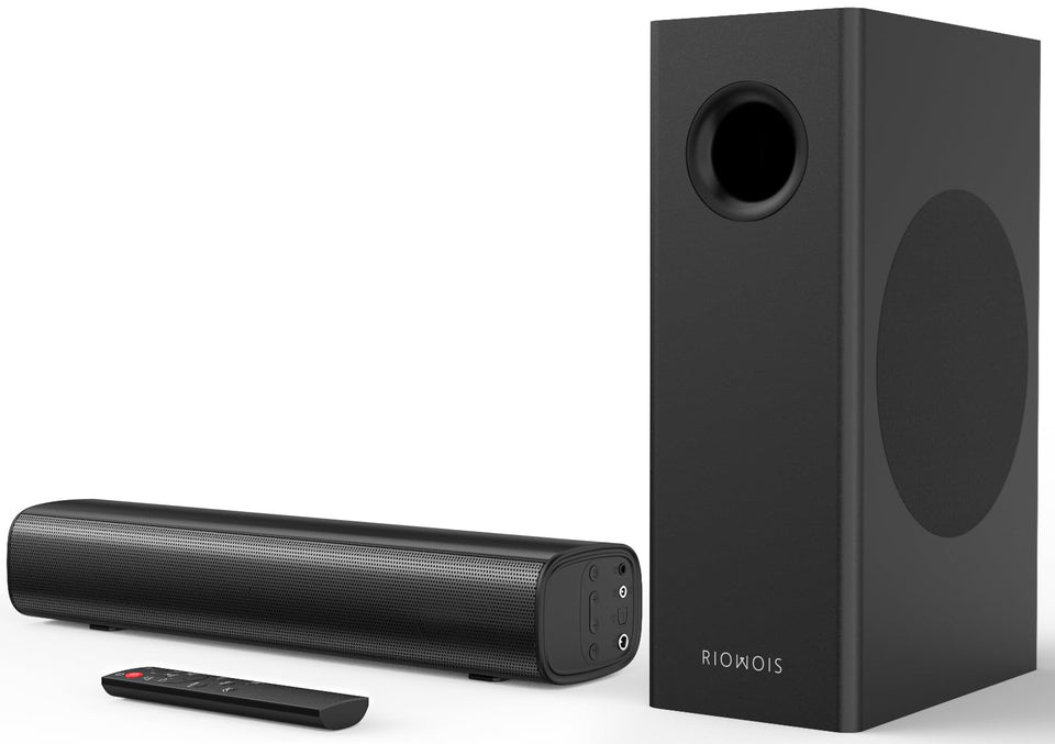 RIOWOIS soundbar front view showing compact profile and clear speaker grilles, improves TV audio