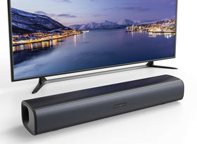 RIOWOIS soundbar front view showing clean grille and compact profile for clearer dialogue