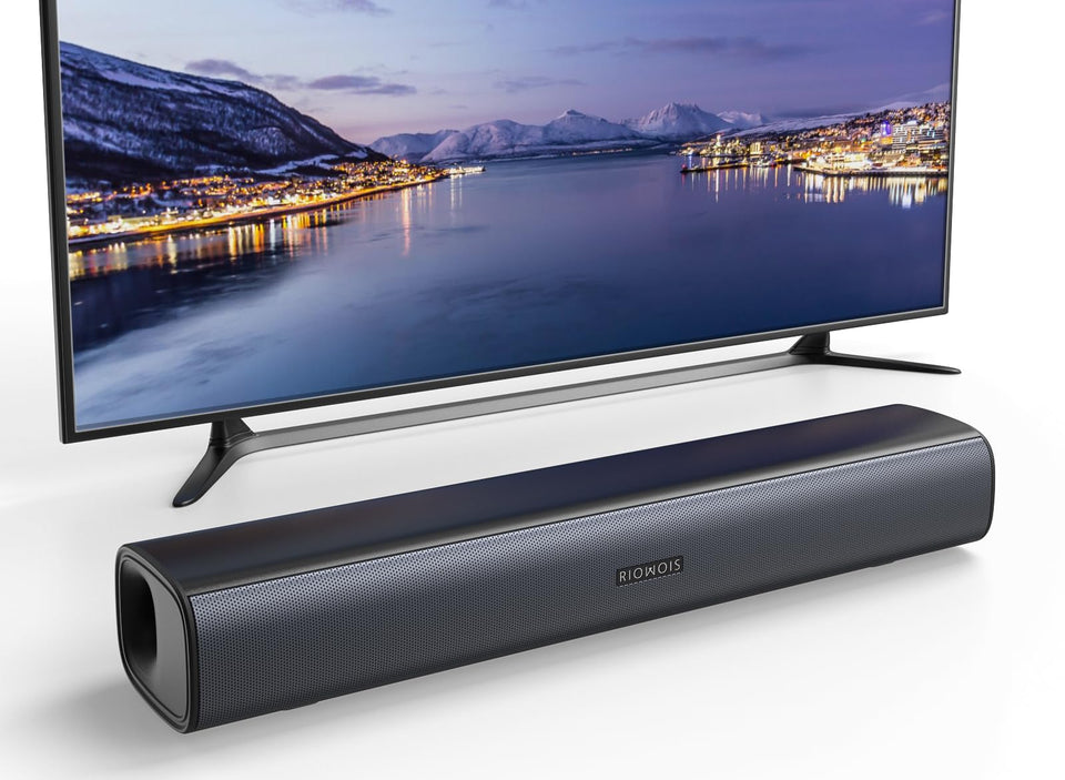 RIOWOIS soundbar front view showing clean grille and compact profile for clearer dialogue