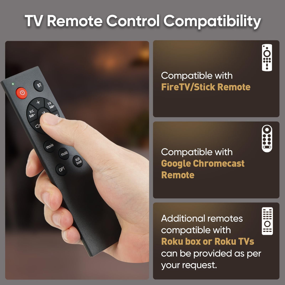RIOWOIS sound bar remote compatibility with Fire TV and Chromecast.