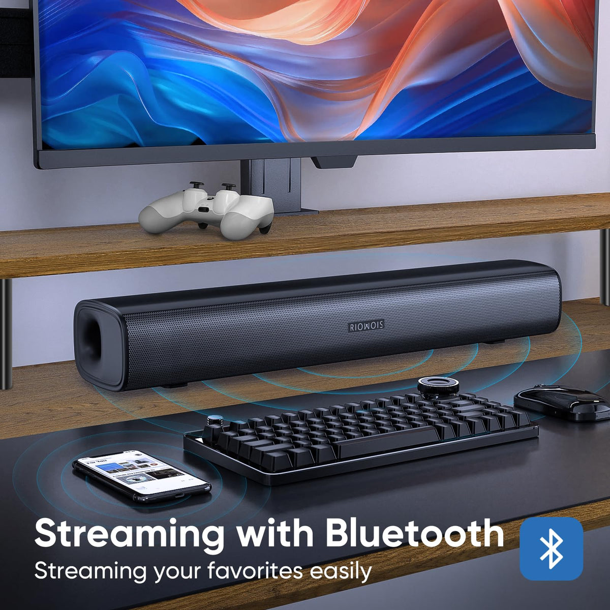 RIOWOIS soundbar beside TV illustrating low-profile height that won’t block IR