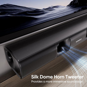 RIOWOIS sound bar subwoofer detail showing deep bass capability.