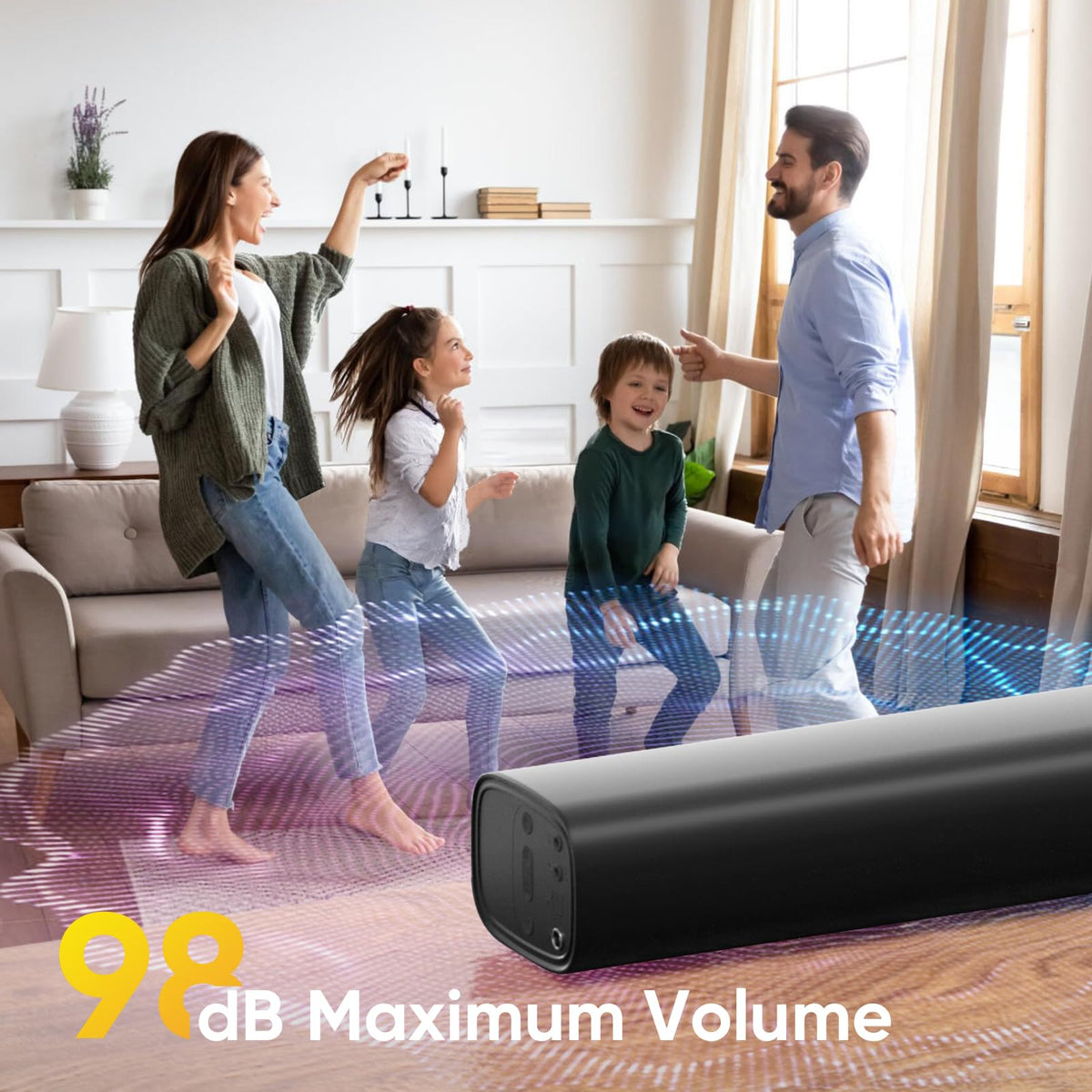 RIOWOIS soundbar wall mounted under TV in living room for immersive audio