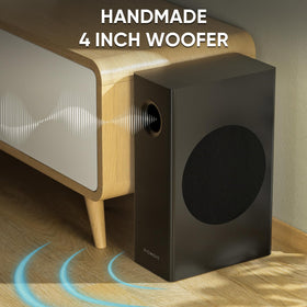 RIOWOIS wired 4-inch subwoofer side profile showing small footprint and deeper bass benefit