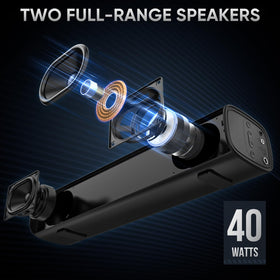 RIOWOIS soundbar top controls with remote illustrating easy adjustments and quick source switching