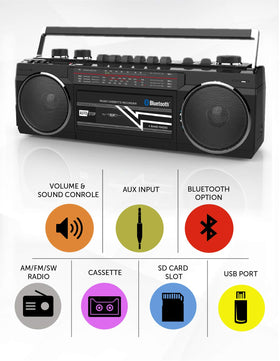 Riptunes cassette compartment open highlighting tape insertion and recording ability
