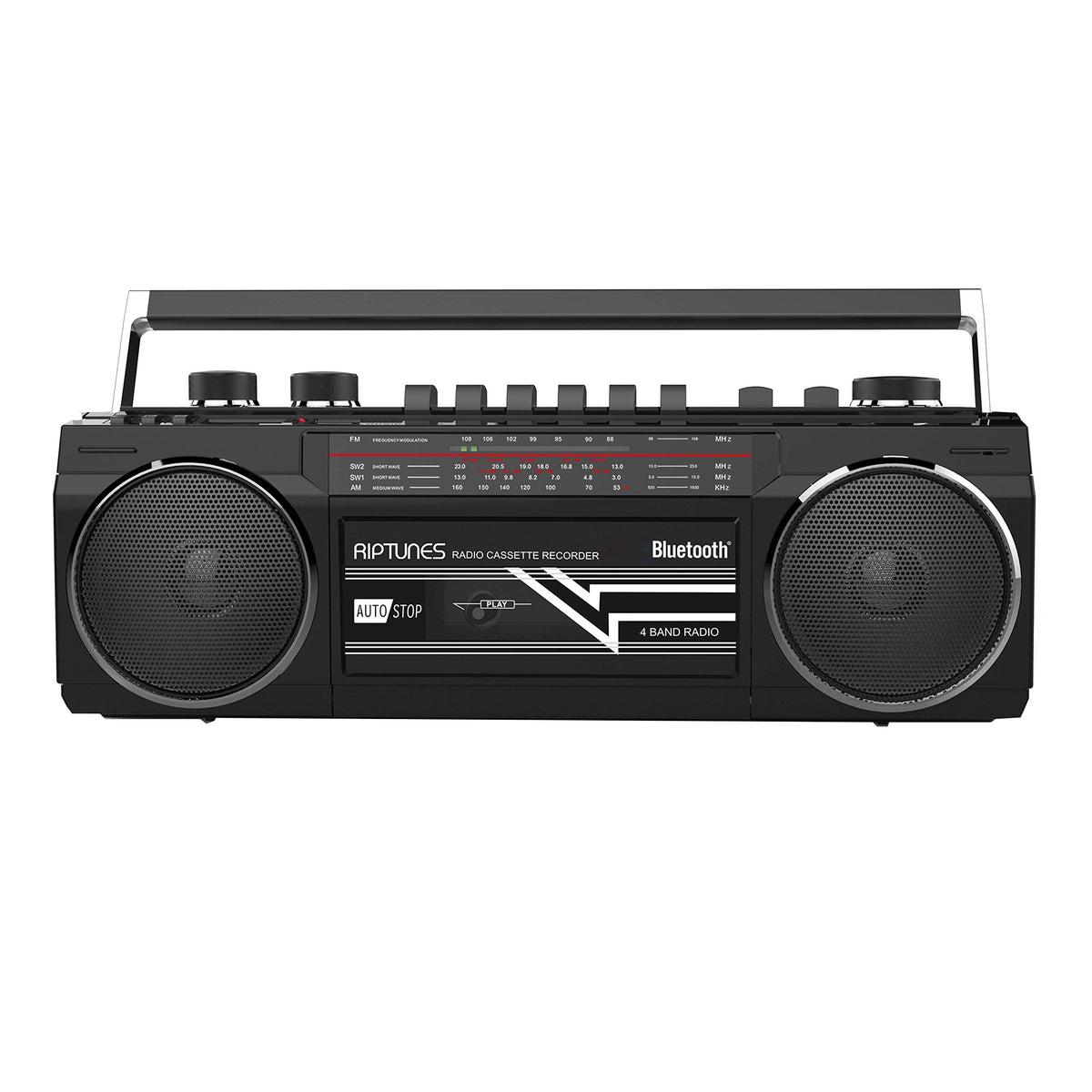 Riptunes front view showing speakers and cassette door for clear retro playback