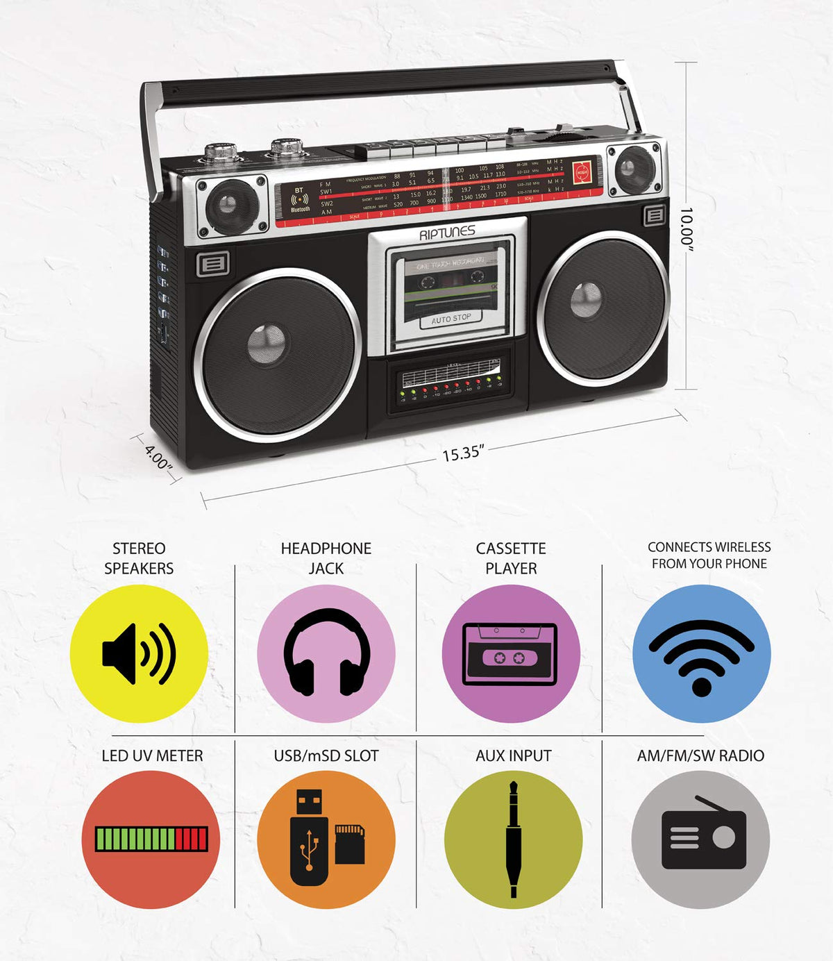 Riptunes cassette deck close-up with tactile buttons and easy tape handling benefit