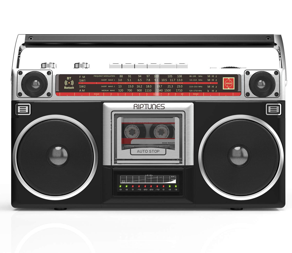 Riptunes front view showing vintage boombox design and clear branding for attractive sound