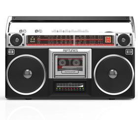 Riptunes front view showing vintage boombox design and clear branding for attractive sound