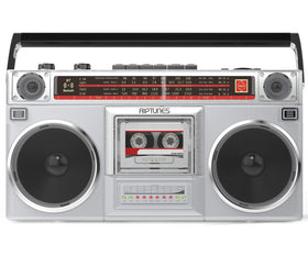 Riptunes RACR510BT front view with retro boombox styling and built-in speakers.