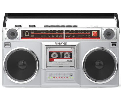 Riptunes RACR510BT front view with retro boombox styling and built-in speakers.
