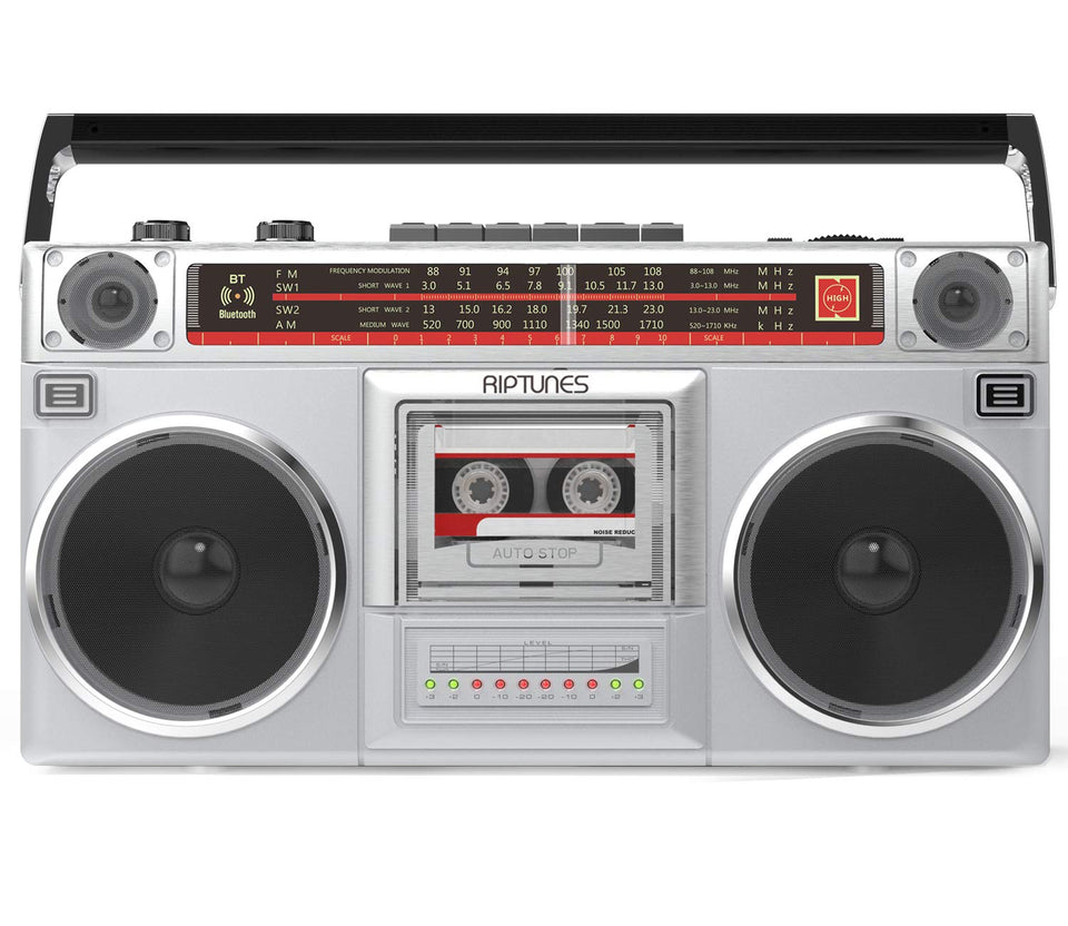 Riptunes RACR510BT front view with retro boombox styling and built-in speakers.