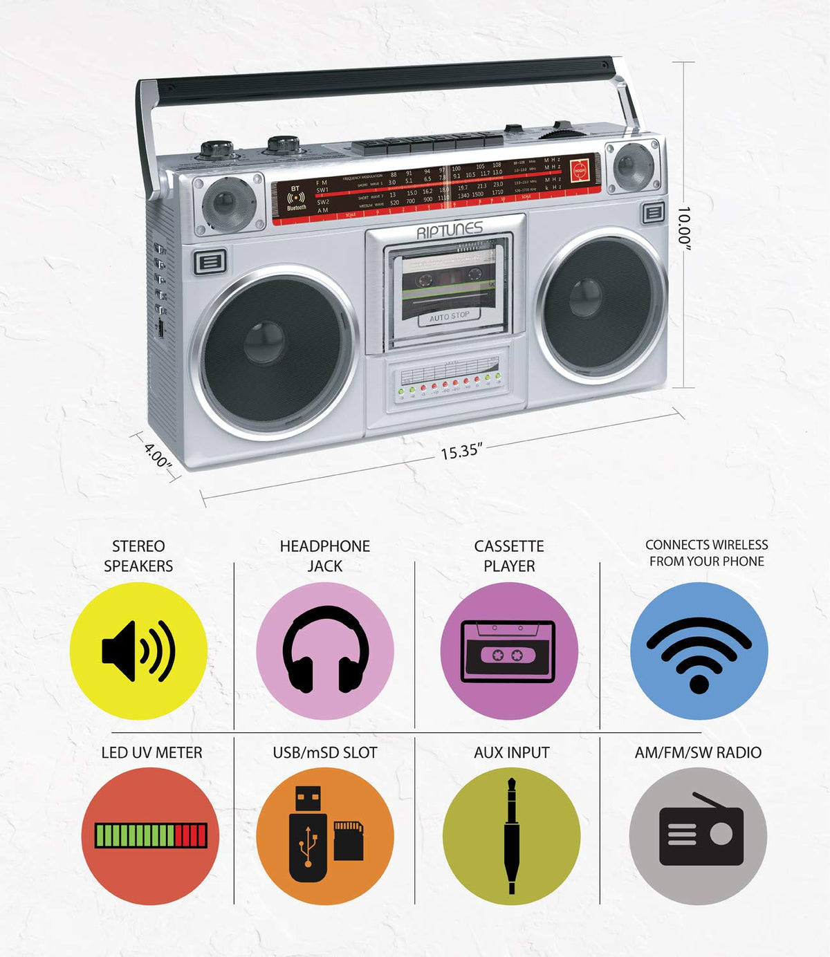 Riptunes RACR510BT retro knobs and buttons for tactile tuning and playback.