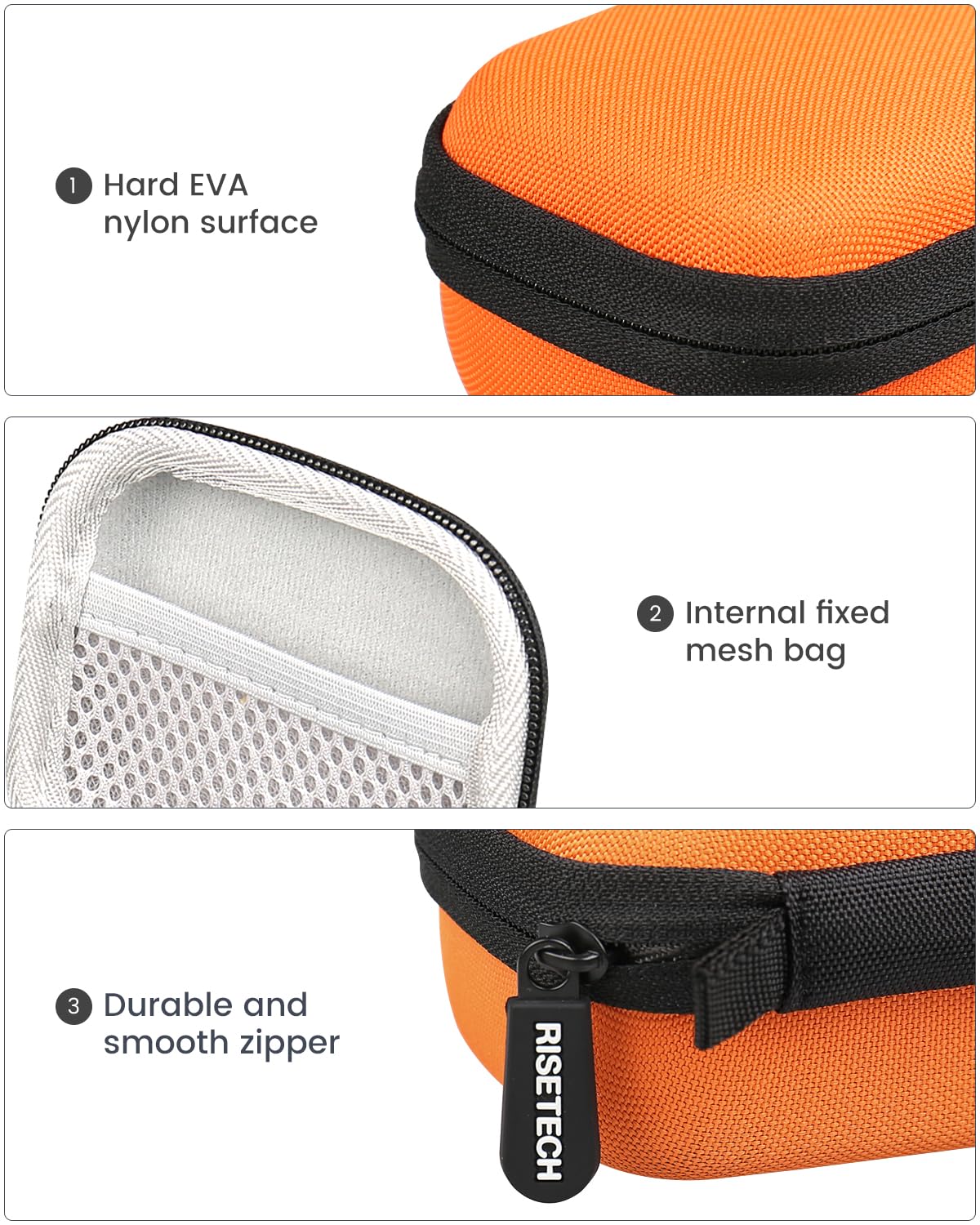 RISETECH internal mesh pocket holding cable and ear tips for neat storage