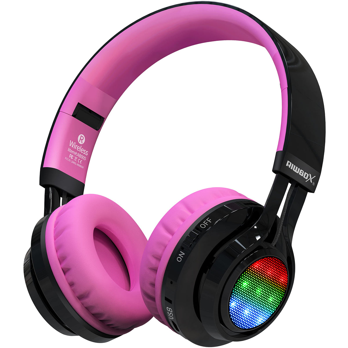 Riwbox AB005 kids headphones front view with LED lights for fun listening.