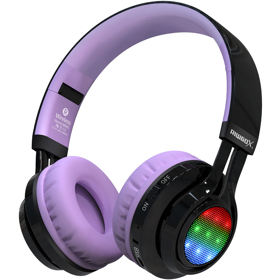 Riwbox AB005 kids headphones with LED lights syncing to music for fun listening