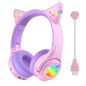 Riwbox CF9 cat-ear headphones with purple LED lighting for playful immersive audio