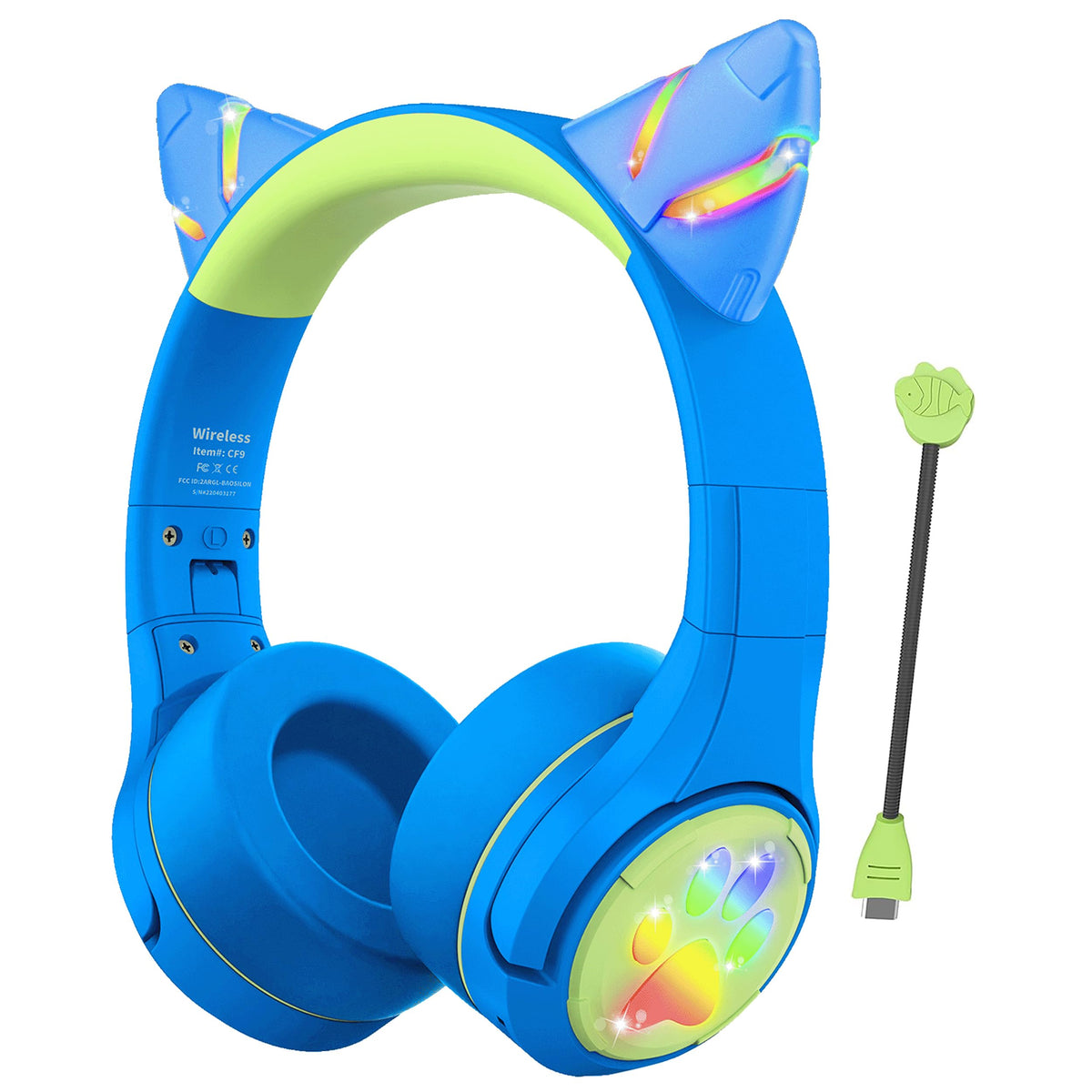 Riwbox CF9 kids headphones with LED cat ears for engaging learning on tablets.