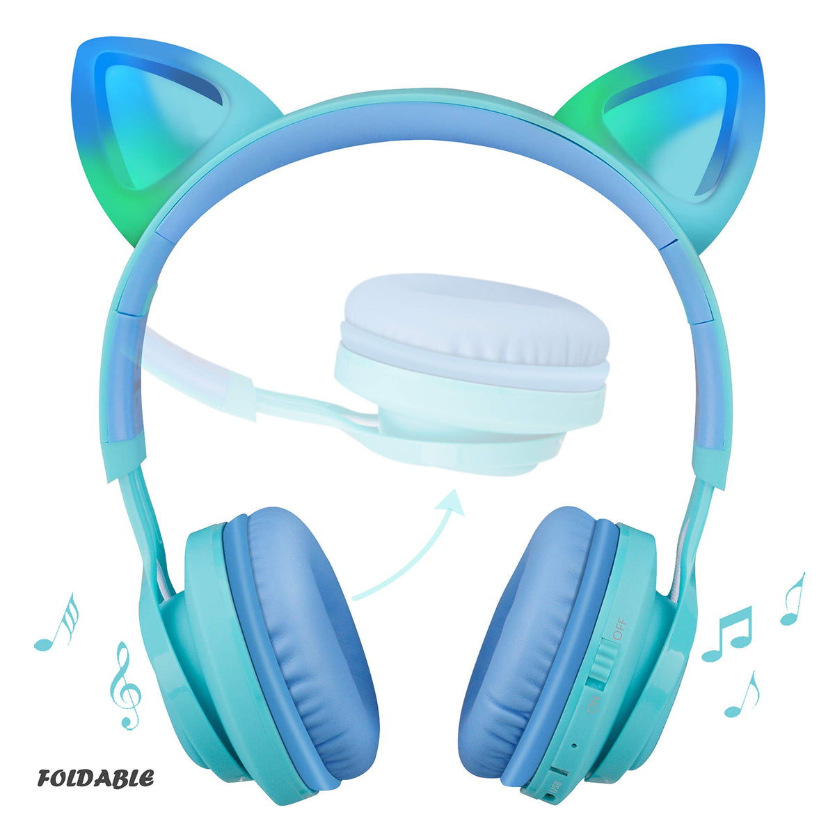 Close-up of Riwbox cat-ear LEDs blinking to music, engaging visual effect