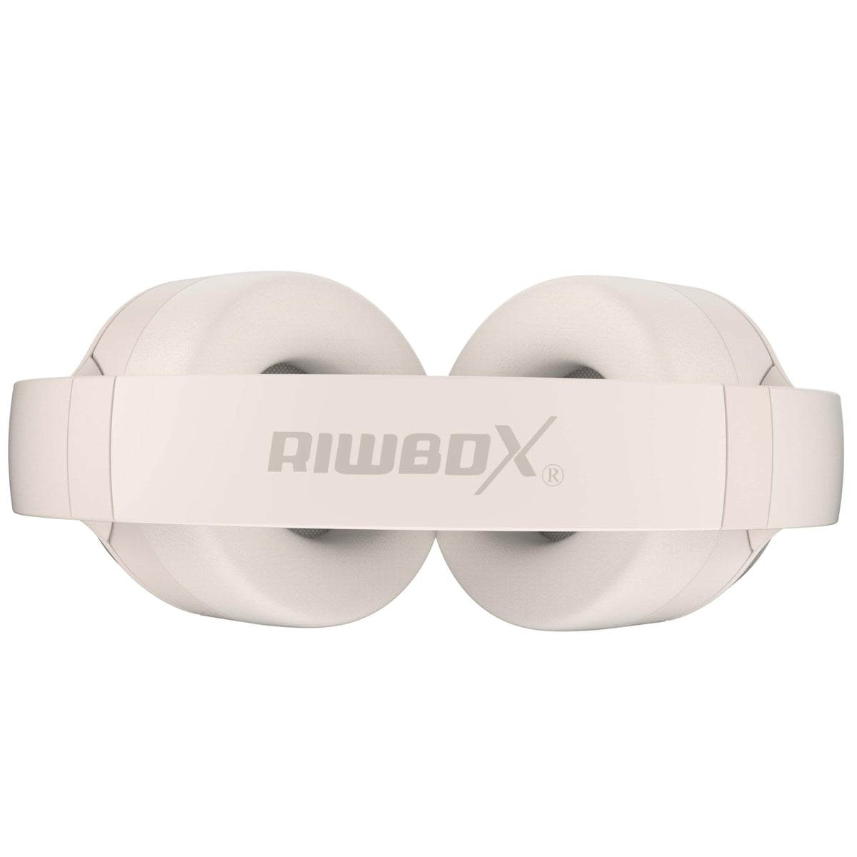 Riwbox Hybrid ANC headphones white earpads closeup displaying breathable protein padding
