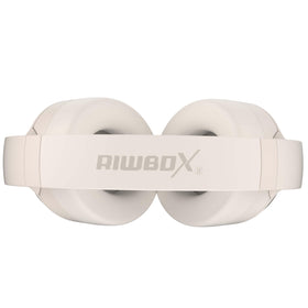 Riwbox Hybrid ANC headphones white earpads closeup displaying breathable protein padding
