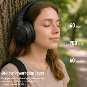 Person wearing Riwbox headphones at desk for focused work.