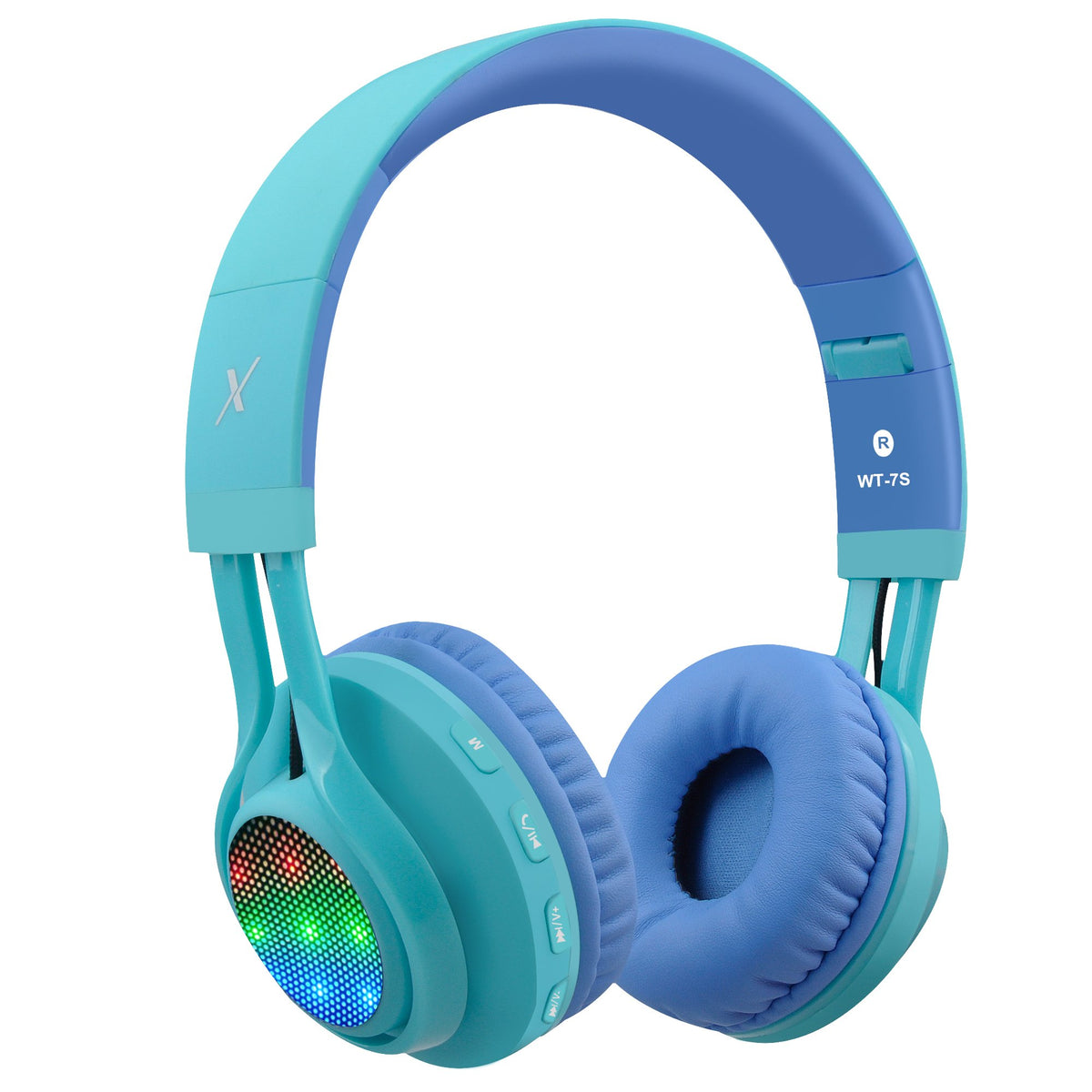 Riwbox WT-7S front view showing blue earcups and foldable headband benefits portability