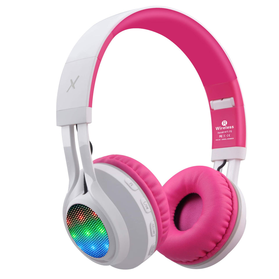 Riwbox WT-7S front view showing pink headset and LED effect for playful listening