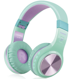 Riwbox XBT-80 folding headphones in purple-green, portable for travel and study.