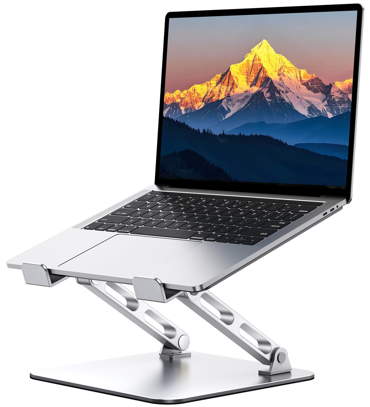 RIWUCT laptop stand shows ergonomic height adjustment for comfortable viewing.