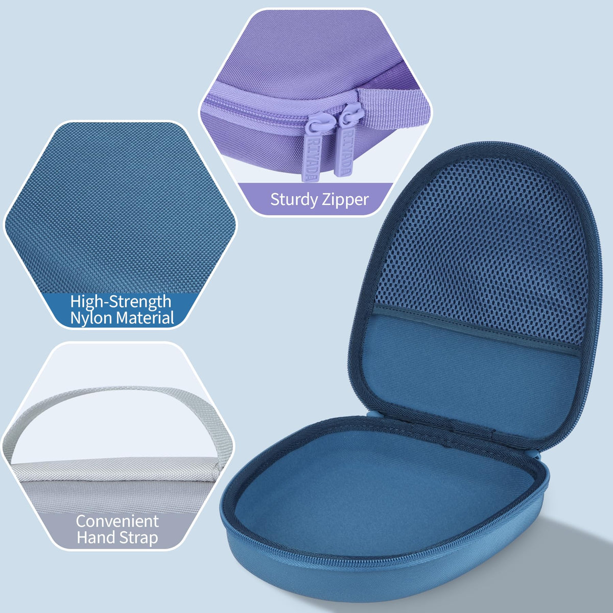 RIYADAone blue hard case mesh pocket keeps cables organized.