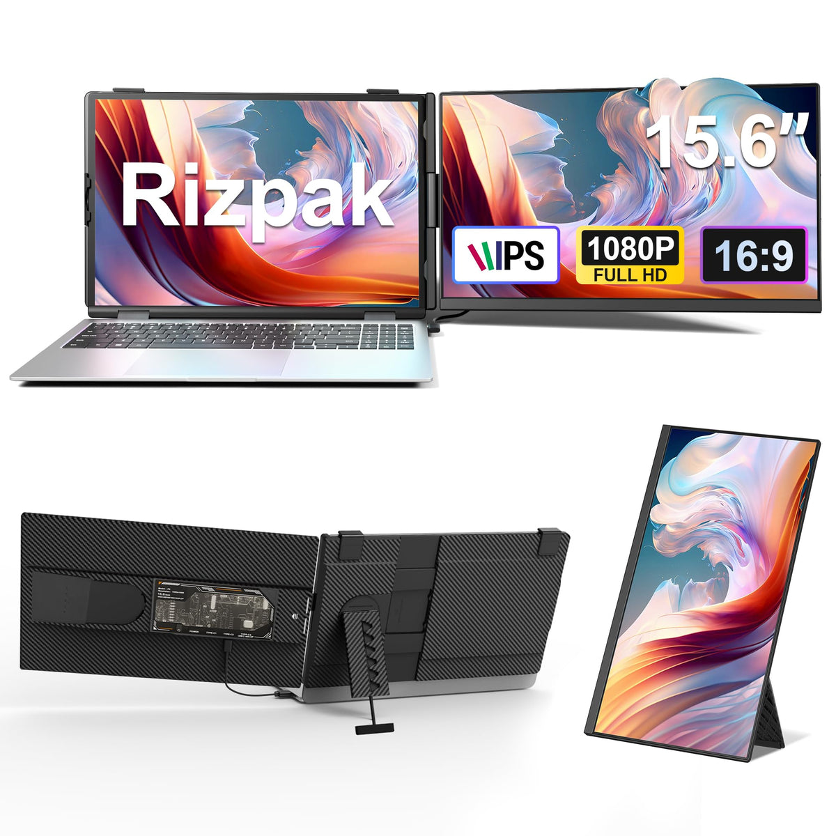 Rizpak 15.6-inch screen extender front view for seamless dual-monitor setup
