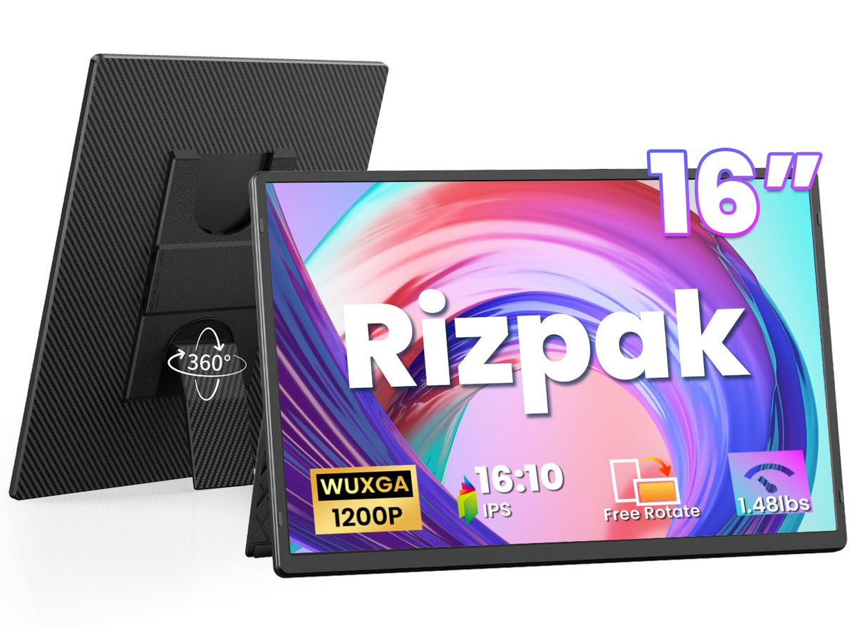 Rizpak 16-inch screen extender front view showing sleek borderless display for multitasking
