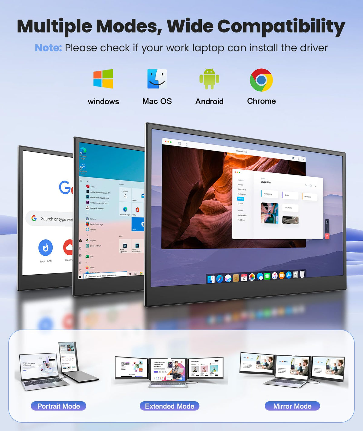 Rizpak triple monitor extended on desk enables multitasking.