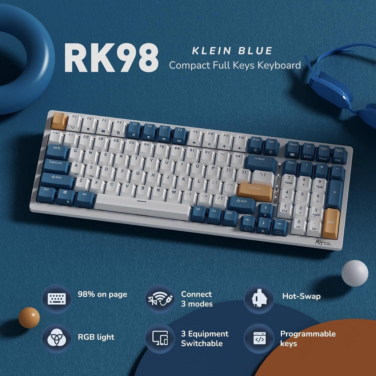 RK Royal Kludge RK98 top view with RGB lighting and accessible controls