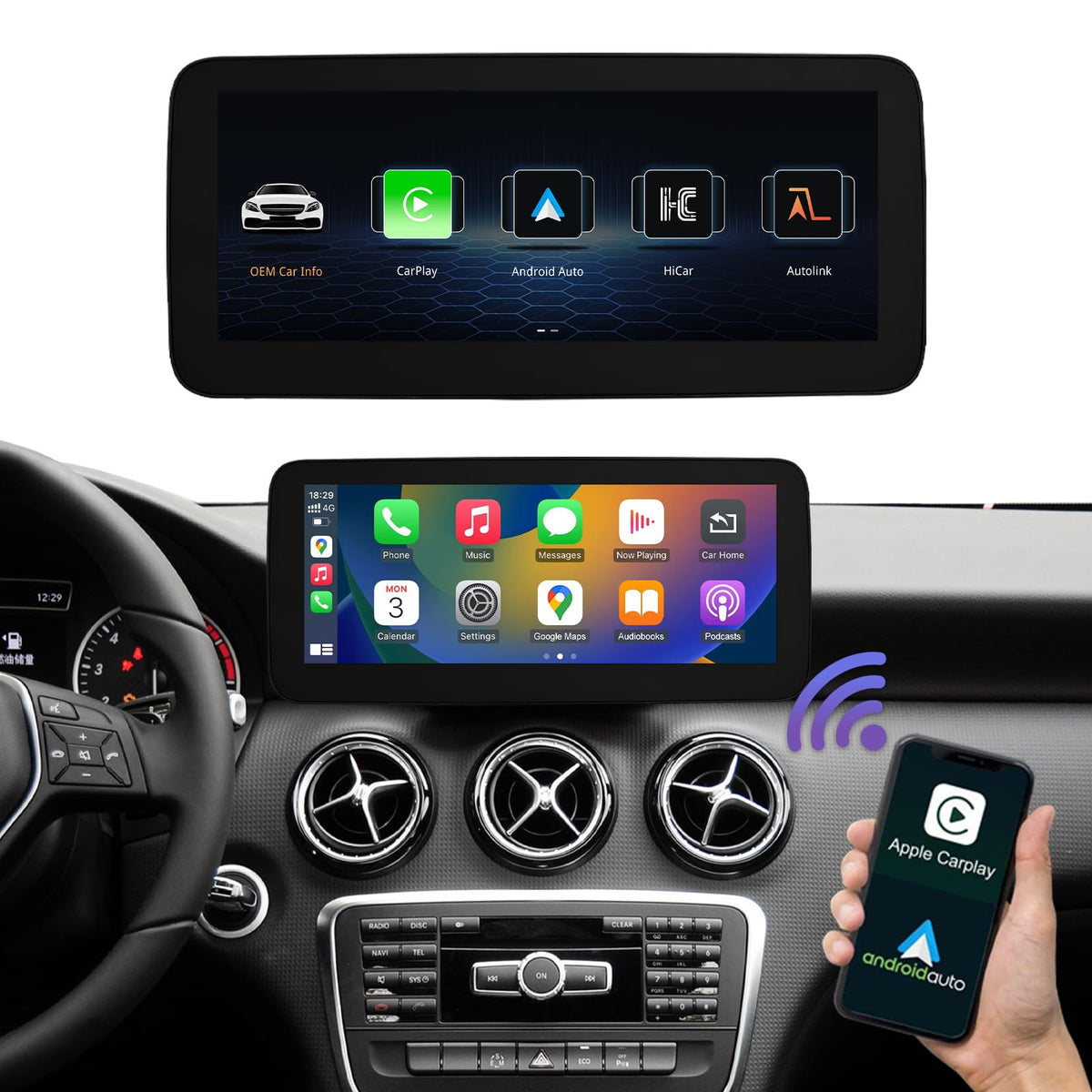 Road Top 10.25 inch CarPlay screen for Mercedes CLA GLA with clear dash display