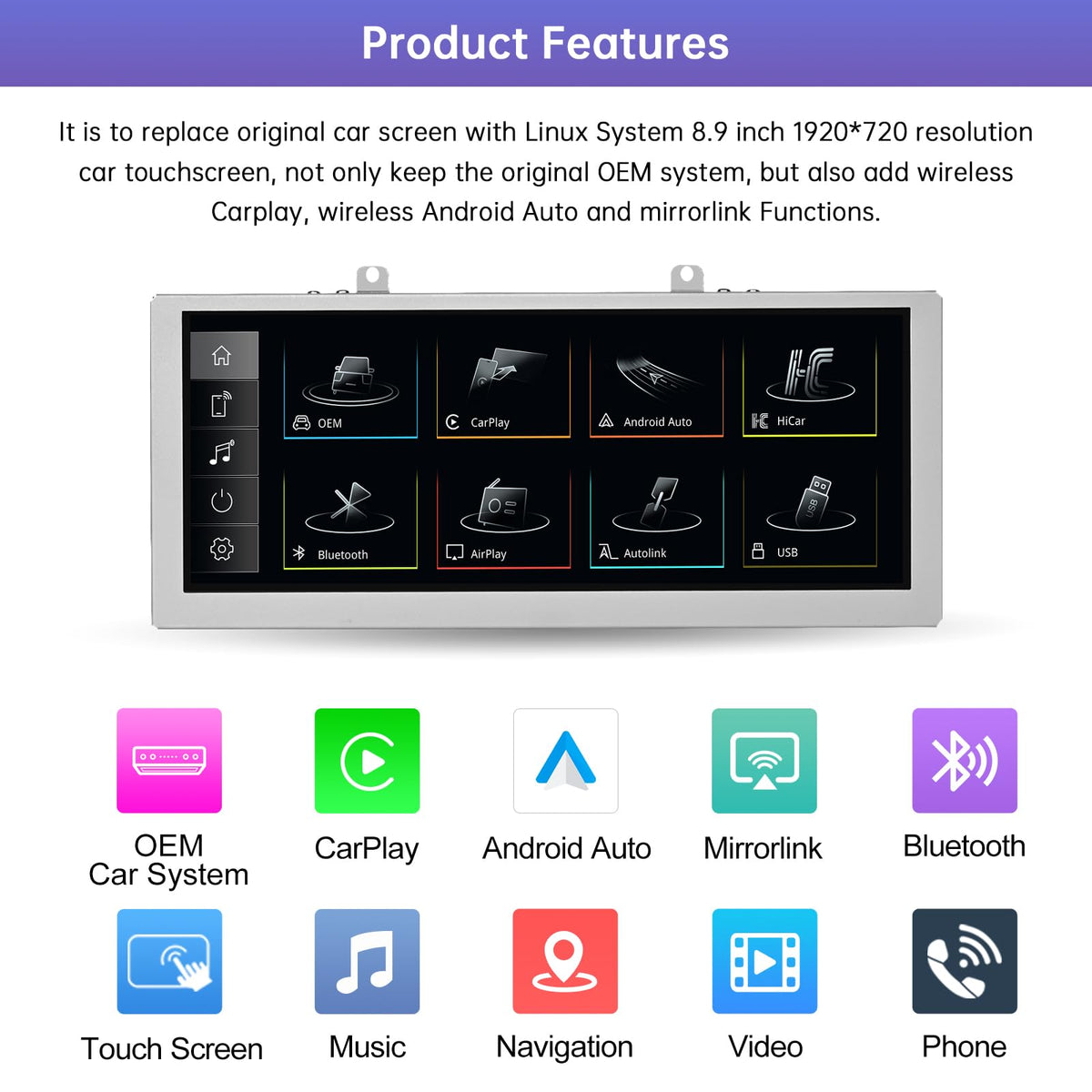 Road Top HD 8.9-inch touchscreen close-up showing sharp display.