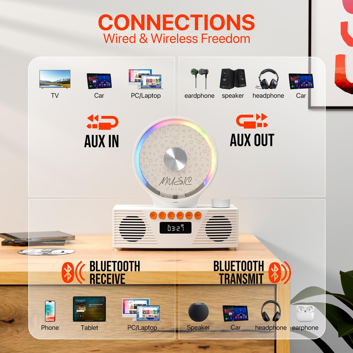 ROADOM rear inputs showing USB, TF, AUX and FM ports for versatile connectivity