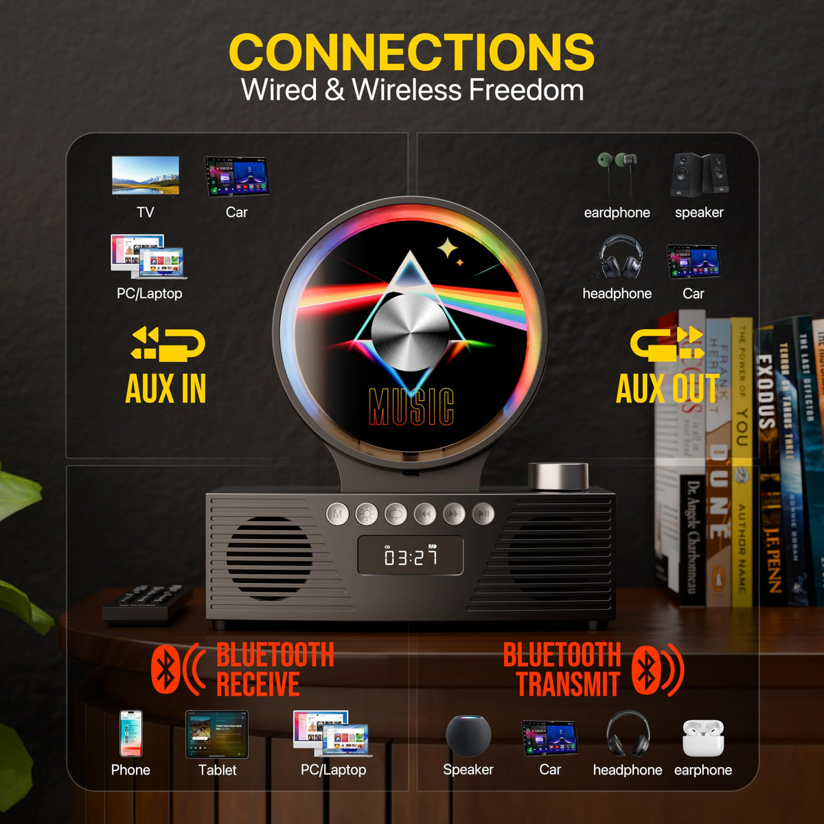 ROADOM supports Bluetooth, USB, radio for versatile playback options.