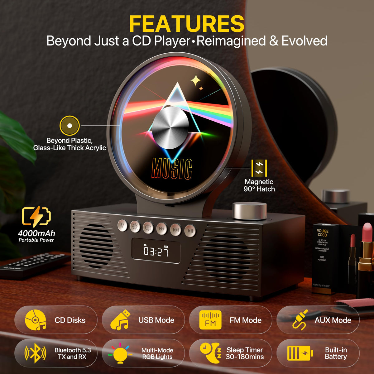 ROADOM retro CD player mood lights create cozy ambiance in the room.