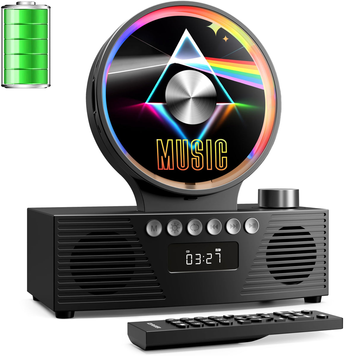 ROADOM retro CD player with transparent panel enhances living room decor.