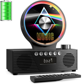 ROADOM retro CD player with transparent panel enhances living room decor.