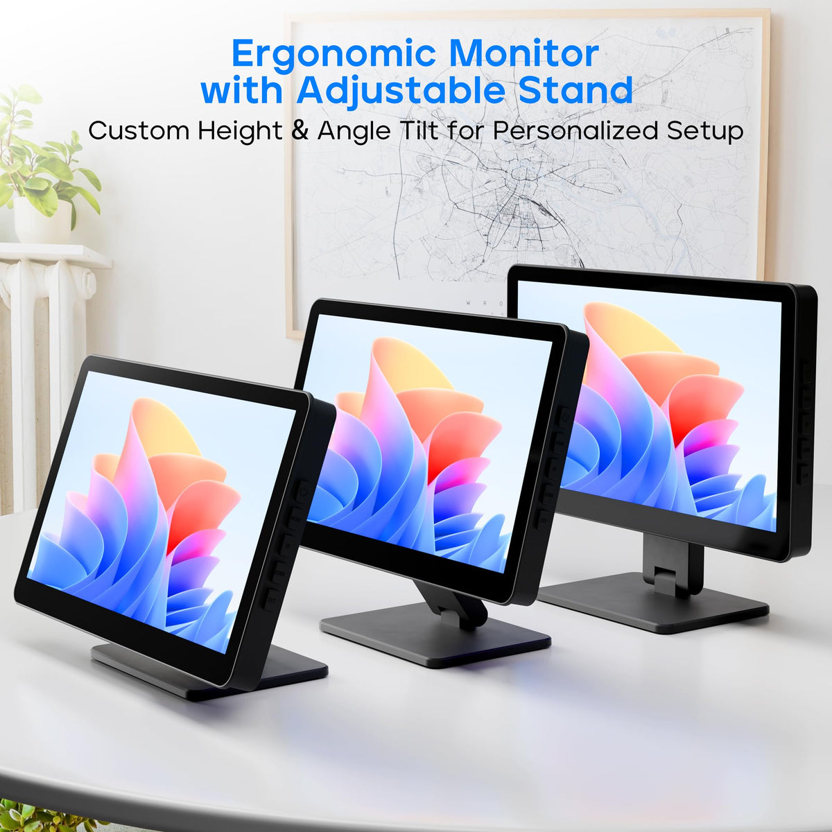 ROADOM adjustable versatile stand supporting height and tilt for comfortable viewing.