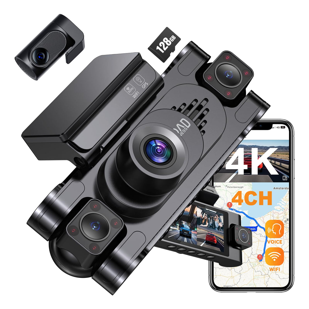 RoadWitness front 4K dash cam captures clear license plates for road clarity.