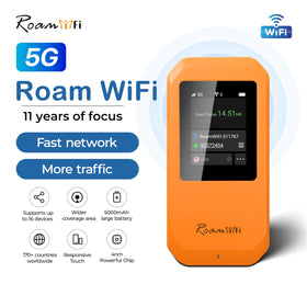 RoamWiFi battery indicator and USB-C port for charging on the go.