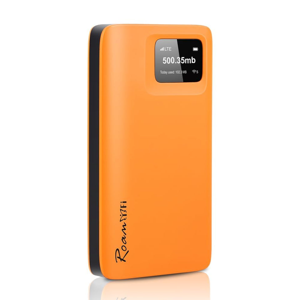 RoamWiFi compact hotspot for travel showing portable connectivity on the go