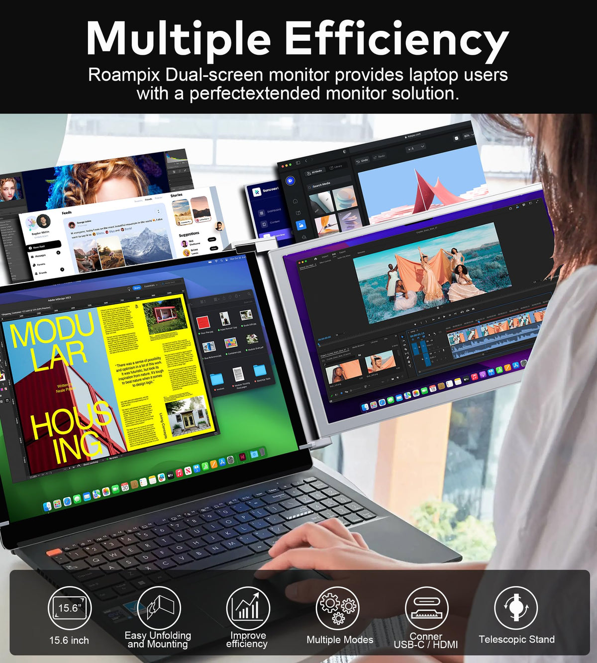 RoamPix on a desk next to laptop offering extra screen space for workflows