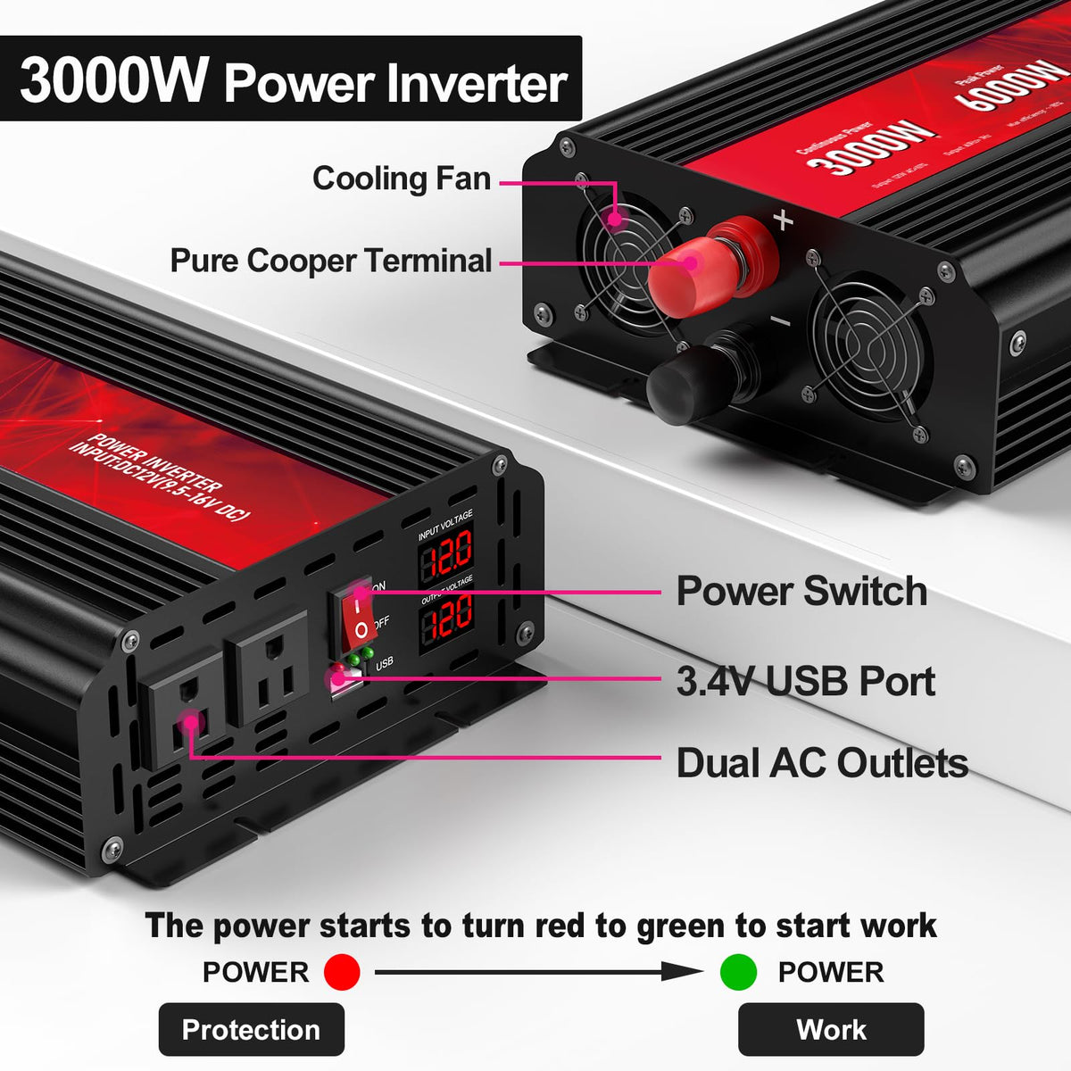 ROARBATT 3000W inverter with two AC outlets for versatile loading.