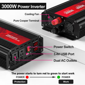 ROARBATT 3000W inverter with two AC outlets for versatile loading.